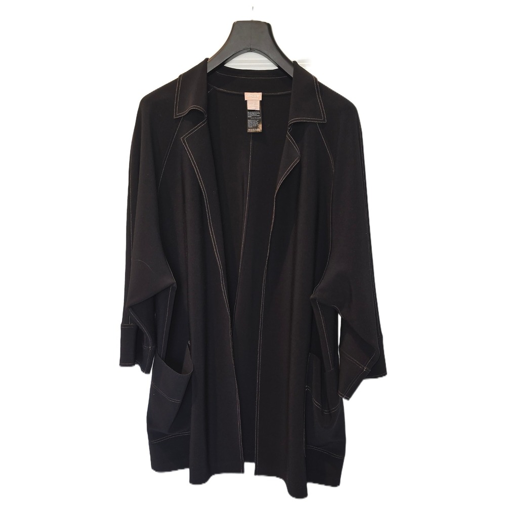 Chico's Travelers Black Open Front Jacket Contrast Stitch Pockets Size 2 L 12/14